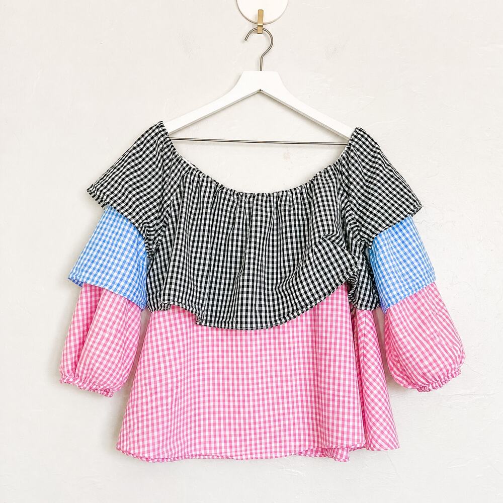 New York & Company Off the Shoulder Gingham Poplin Top Large